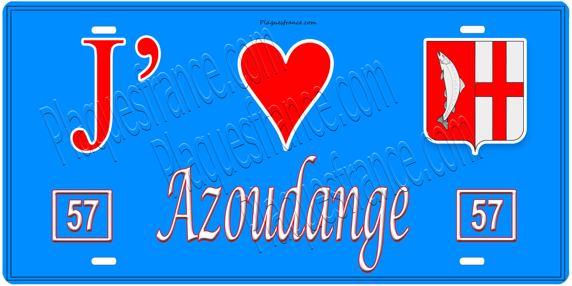Plaque métal décorative, J'❤️Azoudange, Moselle, fond mur bleu 57