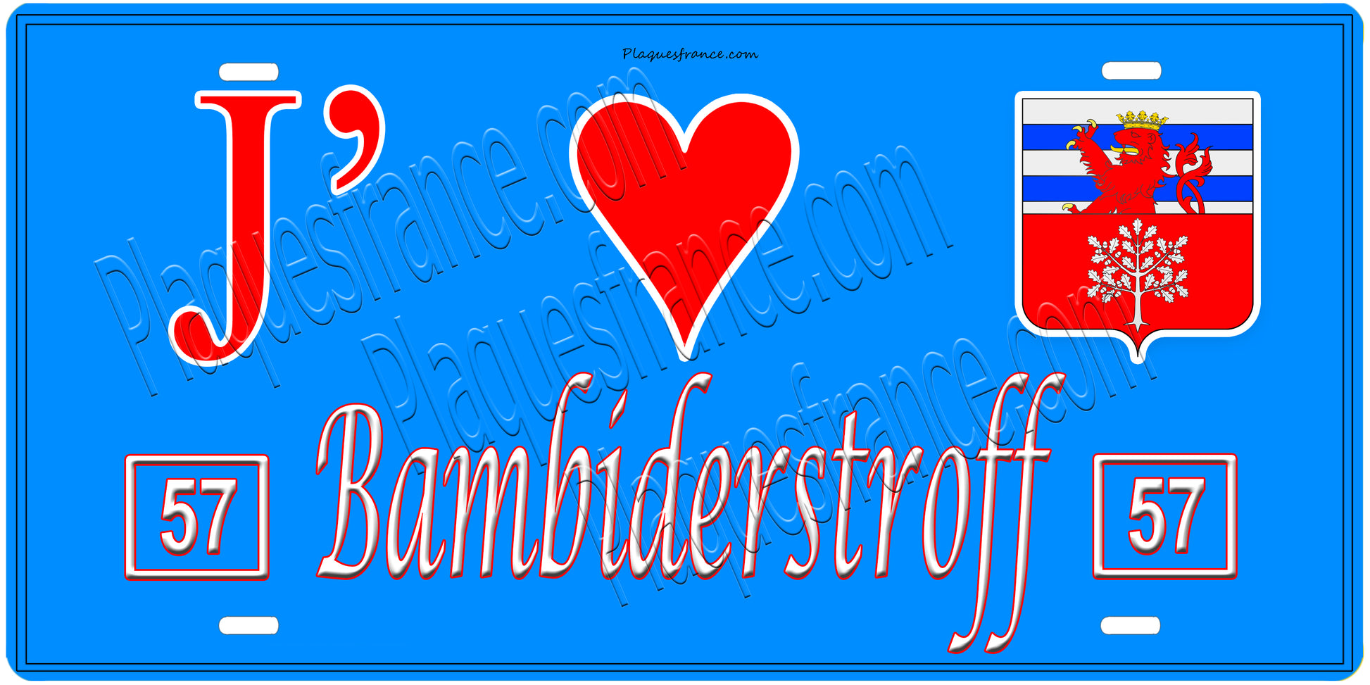 Plaque métal décorative, J'❤️Bambiderstroff, Moselle, fond mur bleu 57