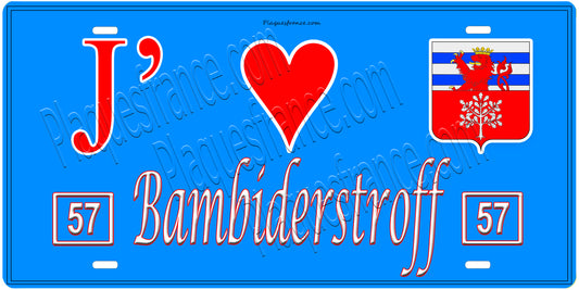 Plaque métal décorative, J'❤️Bambiderstroff, Moselle, fond mur bleu 57