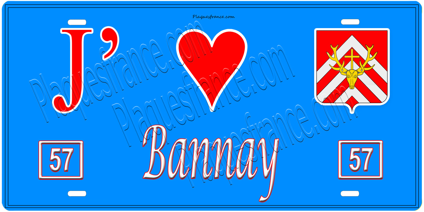 Plaque métal décorative, J'❤️ Bannay, Moselle, fond mur bleu 57