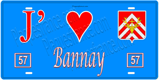 Plaque métal décorative, J'❤️ Bannay, Moselle, fond mur bleu 57