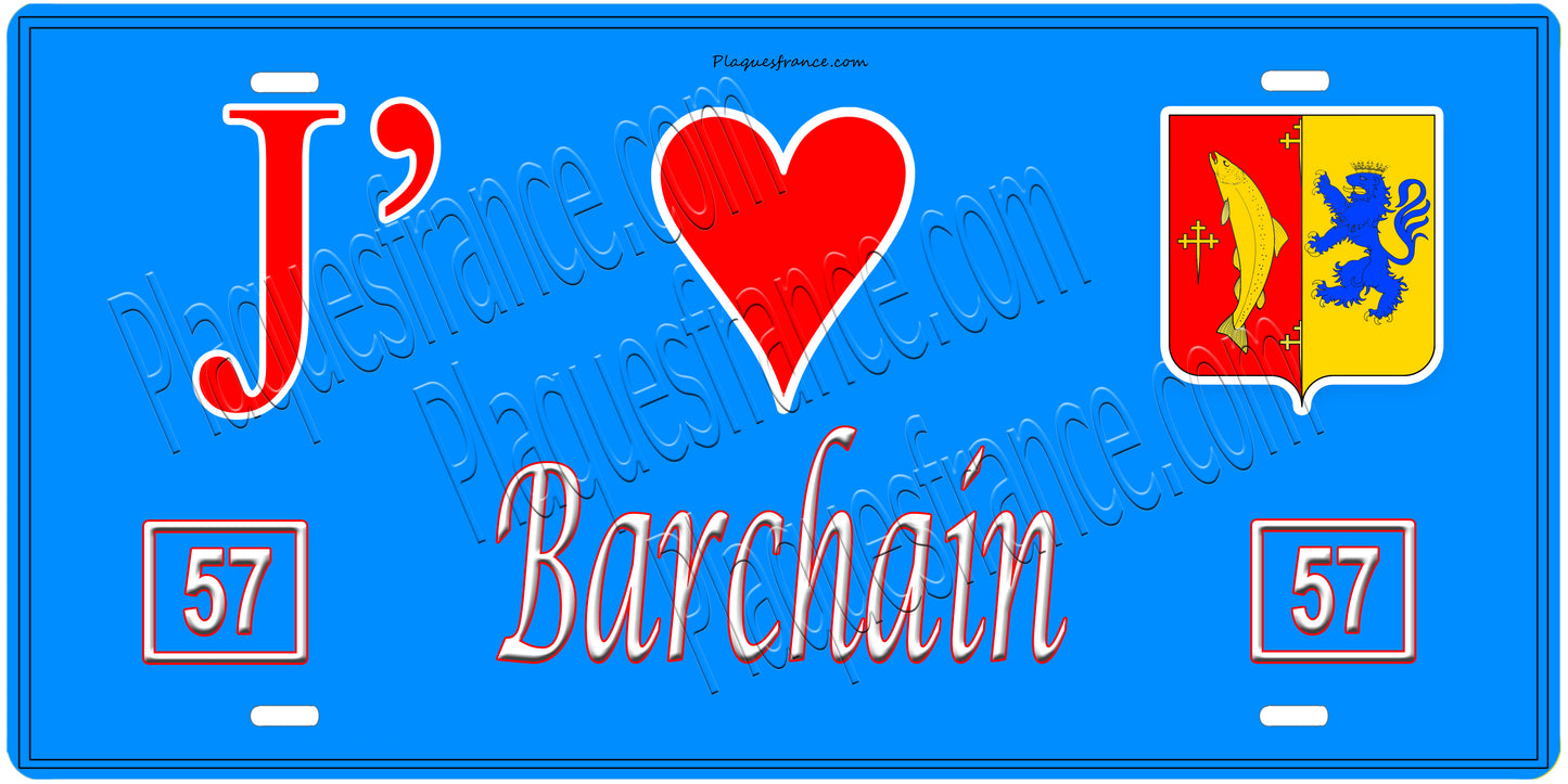 Plaque métal décorative, J'❤️Barchain, Moselle, fond mur bleu 57