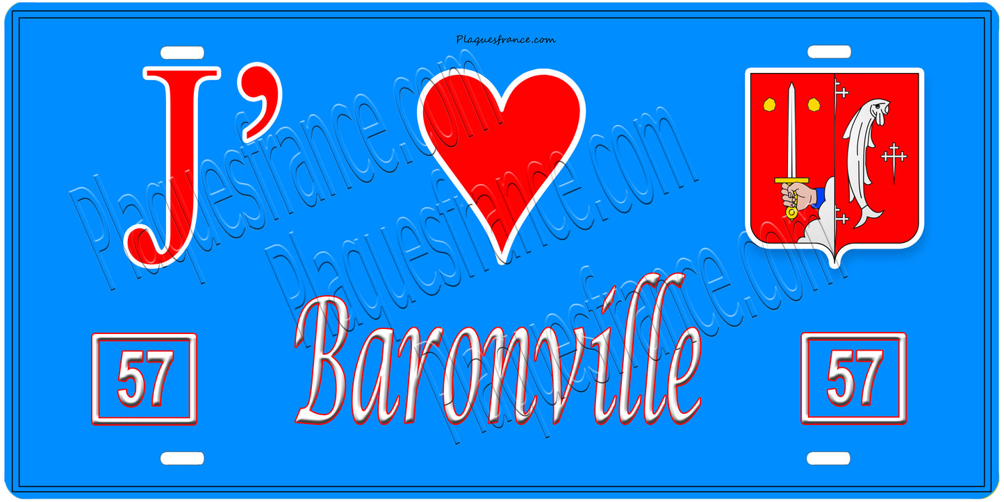 Plaque métal décorative, J'❤️Baronville, Moselle, fond mur bleu 57