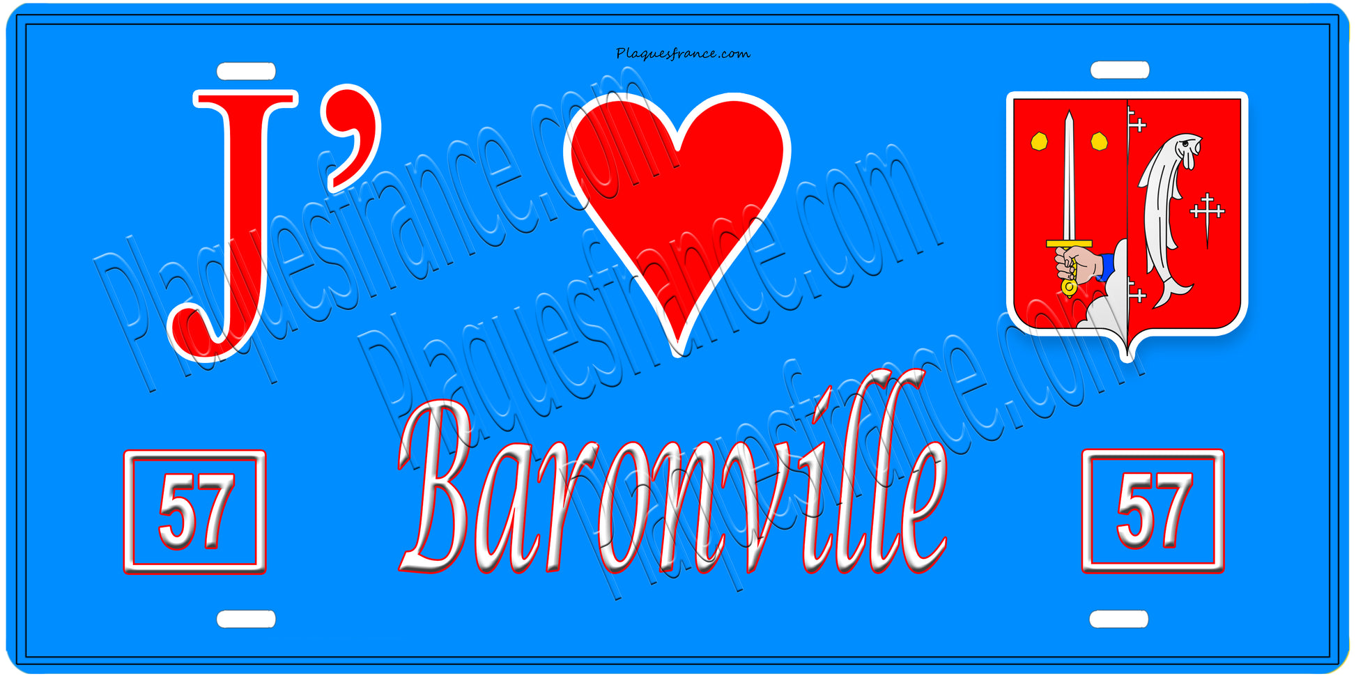 Plaque métal décorative, J'❤️Baronville, Moselle, fond mur bleu 57