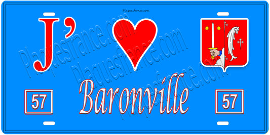 Plaque métal décorative, J'❤️Baronville, Moselle, fond mur bleu 57