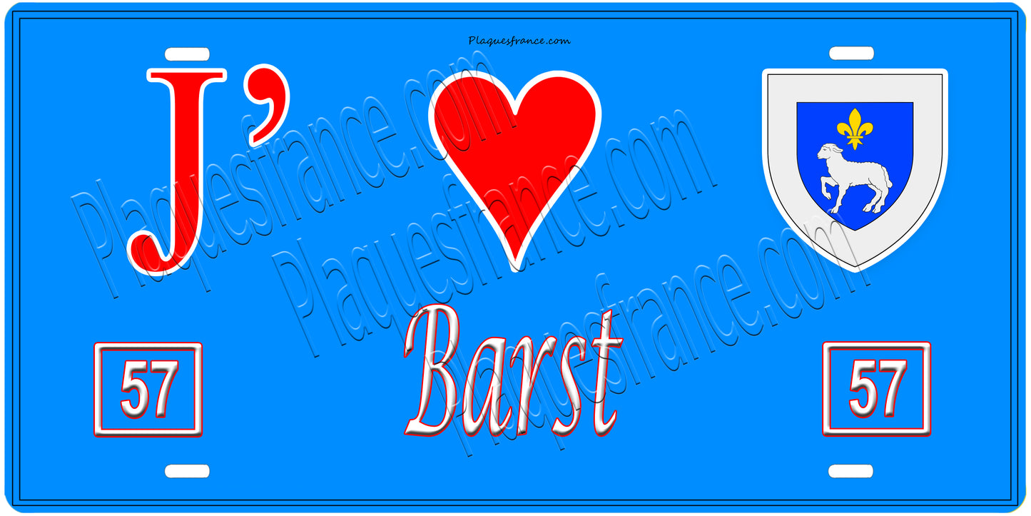 Plaque métal décorative, J'❤️ Barst, Moselle, fond mur bleu 57