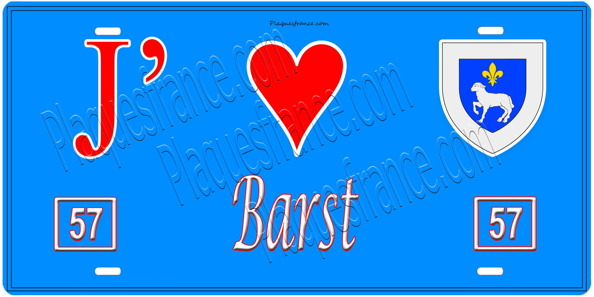 Plaque métal décorative, J'❤️ Barst, Moselle, fond mur bleu 57