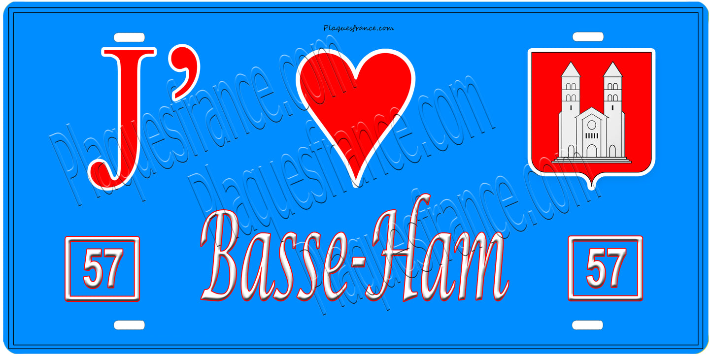 Plaque métal décorative, J'❤️ Basse-Ham, Moselle, fond mur bleu 57