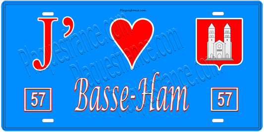 Plaque métal décorative, J'❤️ Basse-Ham, Moselle, fond mur bleu 57