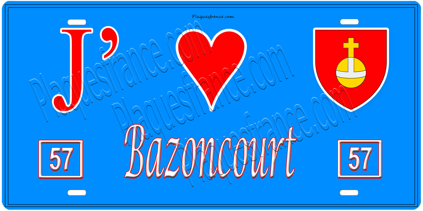Plaque métal décorative, J'❤️Bazoncourt, Moselle, fond mur bleu 57