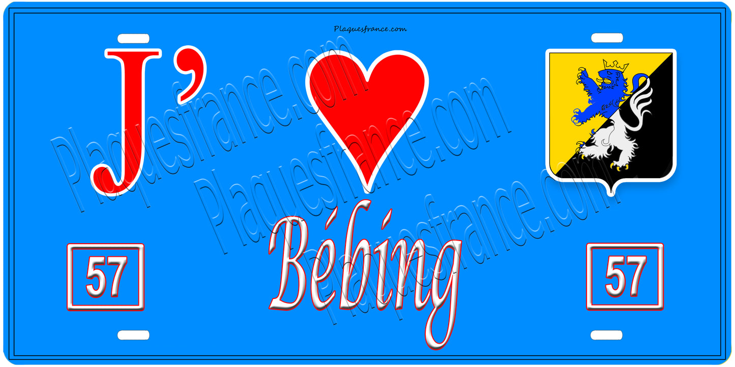 Plaque métal décorative, J'❤️Bébing, Moselle, fond mur bleu 57
