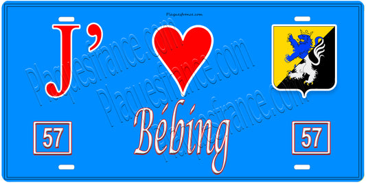 Plaque métal décorative, J'❤️Bébing, Moselle, fond mur bleu 57