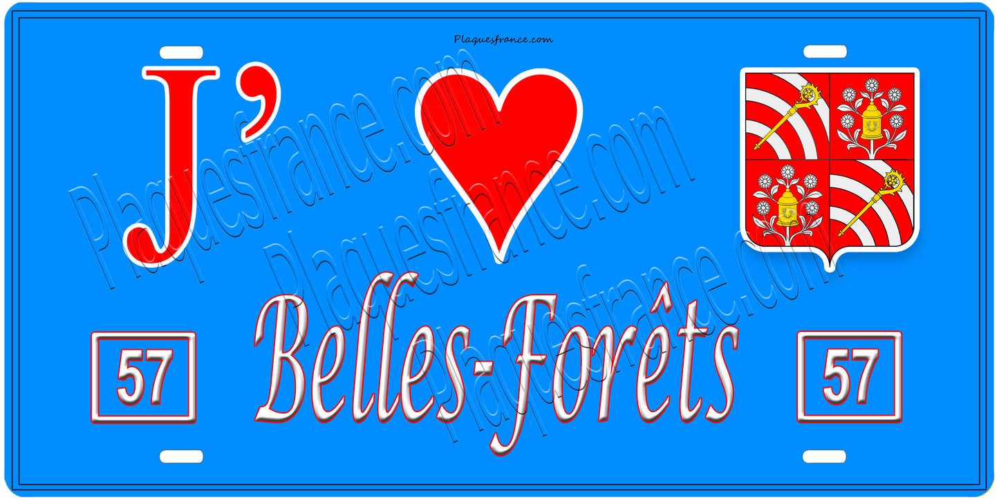 Plaque métal décorative, J'❤️Belles-Forêts, Moselle, fond mur bleu 57