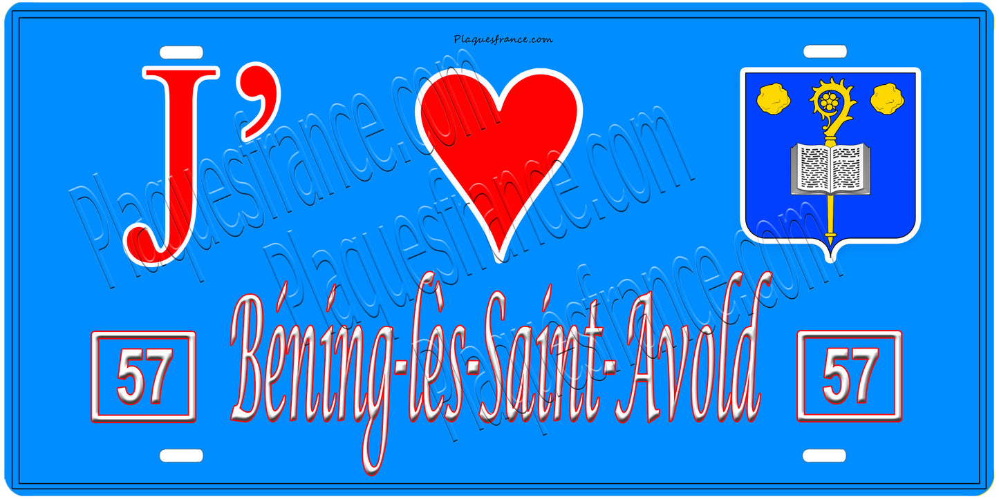 Plaque métal décorative, J'❤️ Béning-lès-Saint-Avold, Moselle, fond mur bleu 57