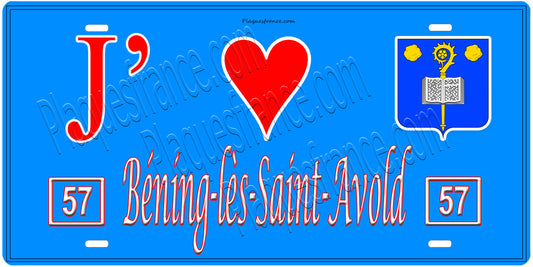Plaque métal décorative, J'❤️ Béning-lès-Saint-Avold, Moselle, fond mur bleu 57