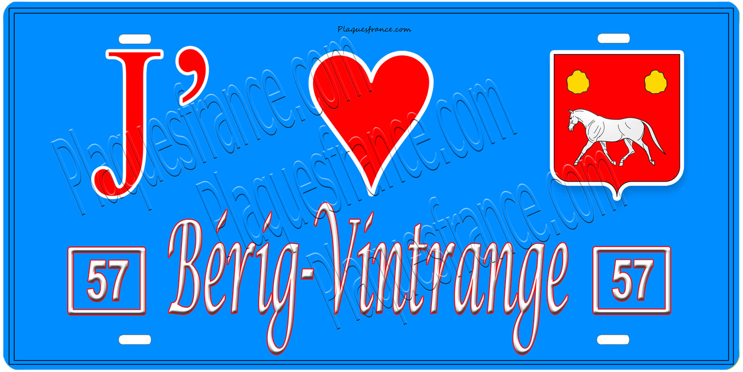 Plaque métal décorative, J'❤️Bérig-Vintrange, Moselle, fond mur bleu 57