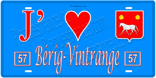 Plaque métal décorative, J'❤️Bérig-Vintrange, Moselle, fond mur bleu 57