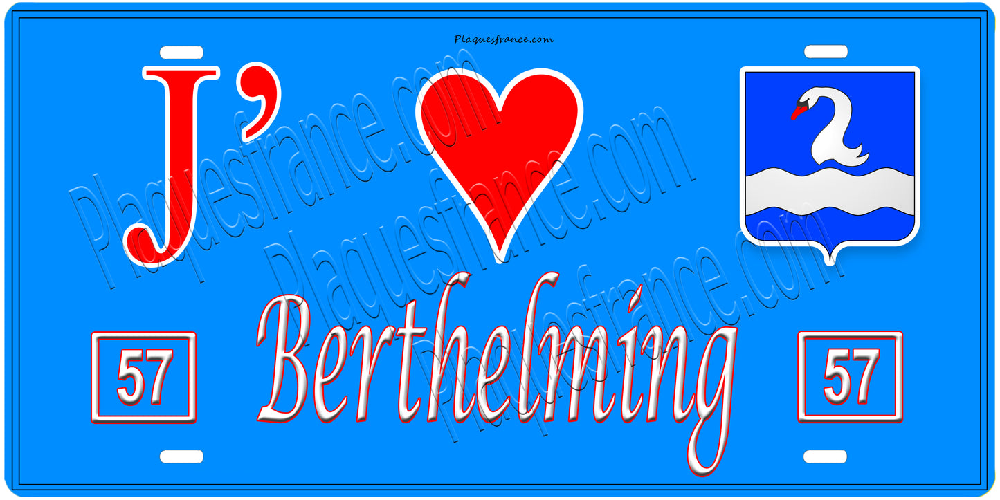 Plaque métal décorative, J'❤️Berthelming, Moselle, fond mur bleu 57