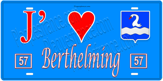 Plaque métal décorative, J'❤️Berthelming, Moselle, fond mur bleu 57