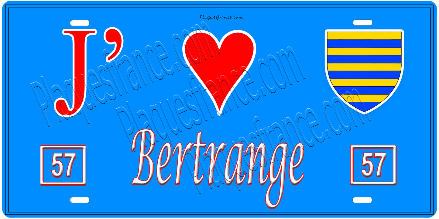Plaque métal décorative, J'❤️Bertrange, Moselle, fond mur bleu 57