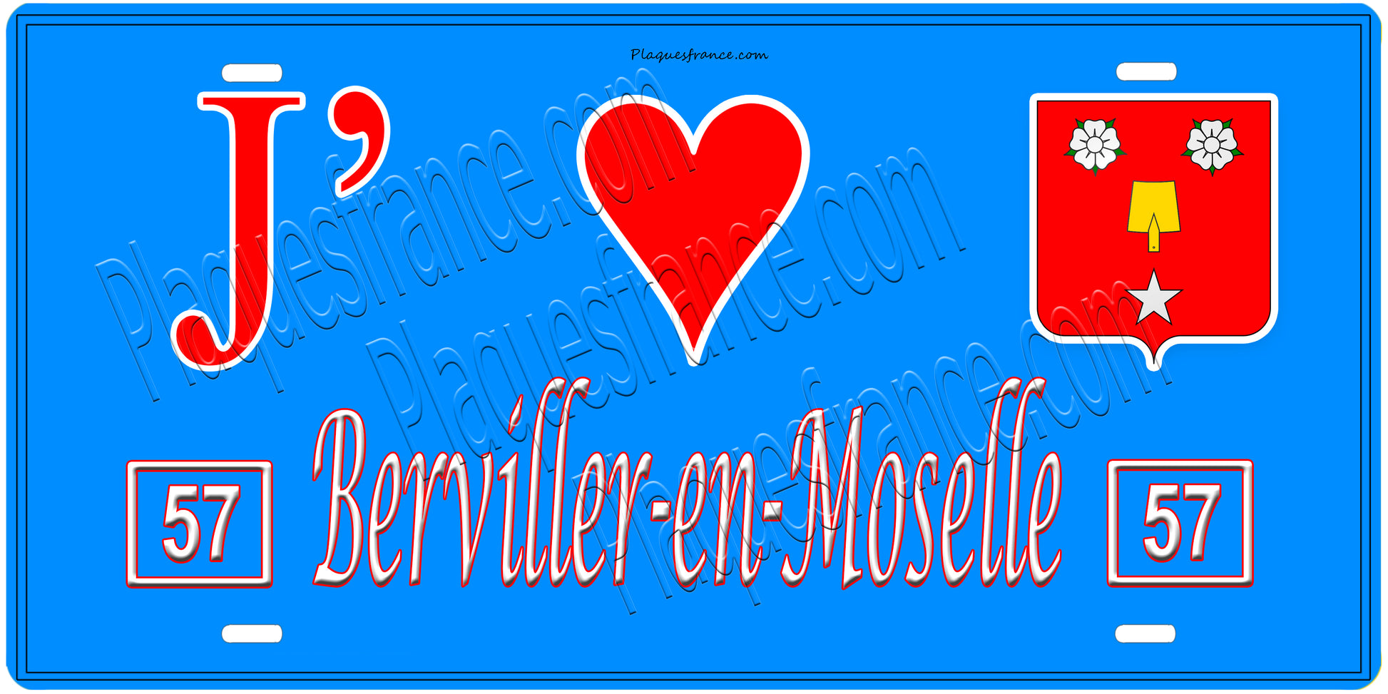 Plaque métal décorative, J'❤️ Berviller-en-Moselle, Moselle, fond mur bleu 57