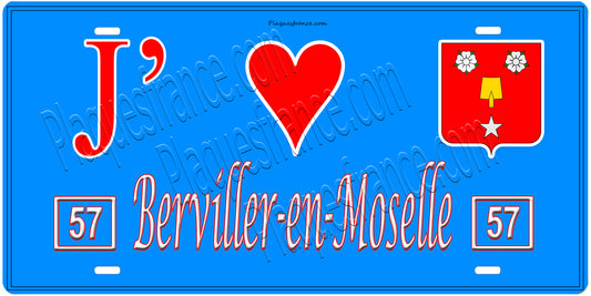 Plaque métal décorative, J'❤️ Berviller-en-Moselle, Moselle, fond mur bleu 57