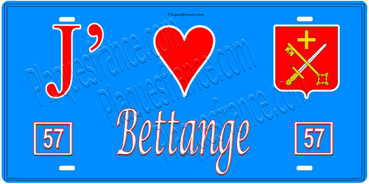 Plaque métal décorative, J'❤️ Bettange, Moselle, fond mur bleu 57