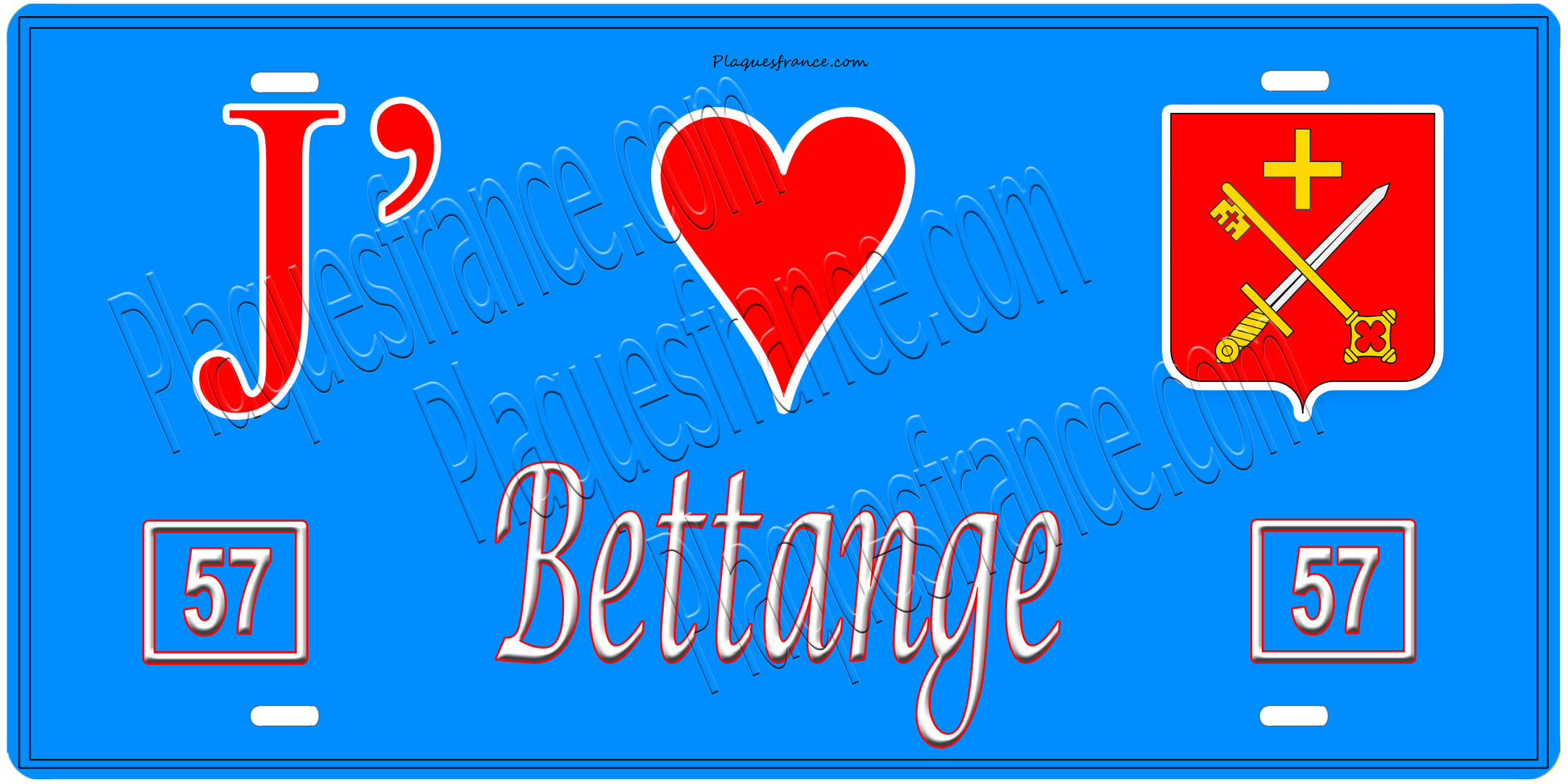 Plaque métal décorative, J'❤️ Bettange, Moselle, fond mur bleu 57