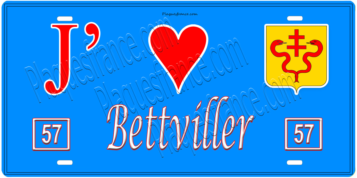 Plaque métal décorative, J' ❤️Bettviller, Moselle, fond  mur bleu 57