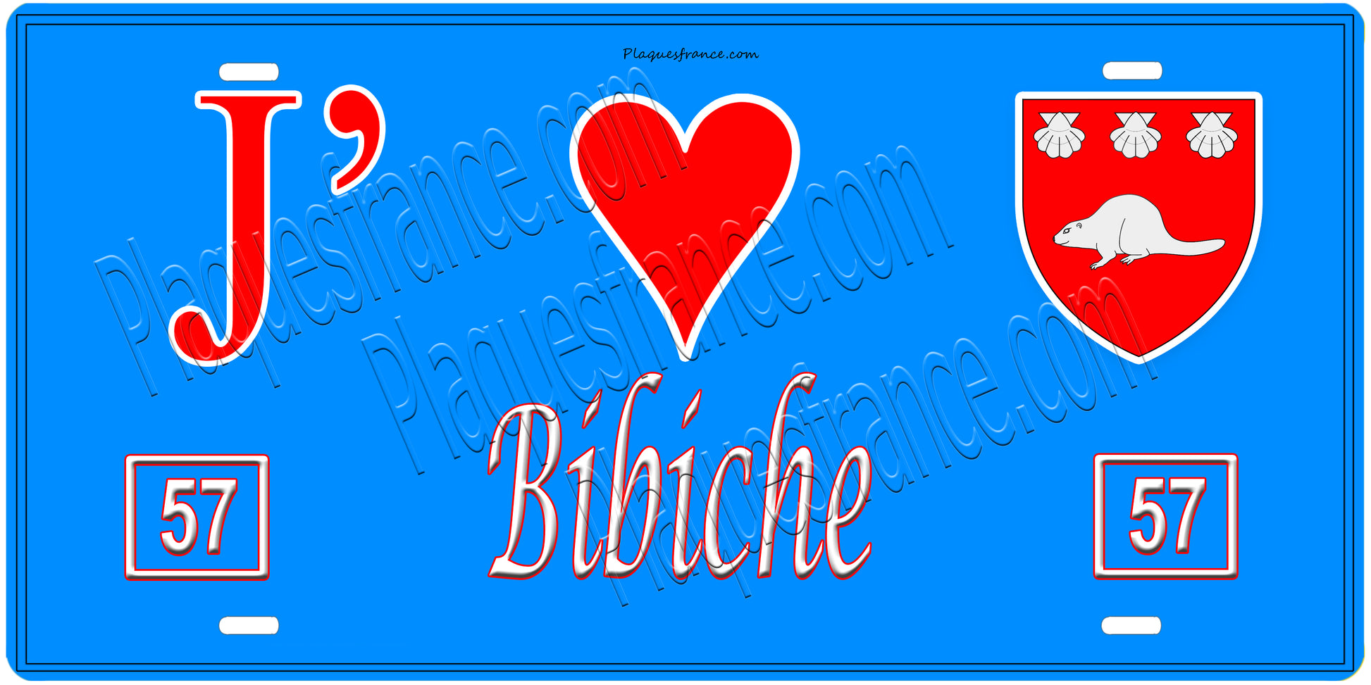 Plaque métal décorative, J'❤️ Bibiche, Moselle, fond mur bleu 57
