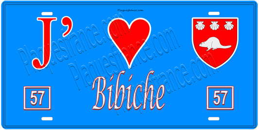 Plaque métal décorative, J'❤️ Bibiche, Moselle, fond mur bleu 57