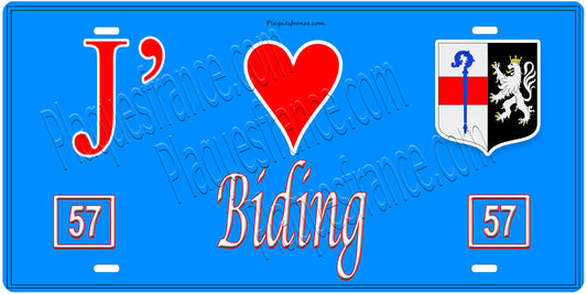 Plaque métal décorative, J'❤️Biding, Moselle, fond mur bleu 57
