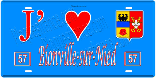 Plaque métal décorative, J'❤️ Bionville-sur-Nied, Moselle, fond mur bleu 57