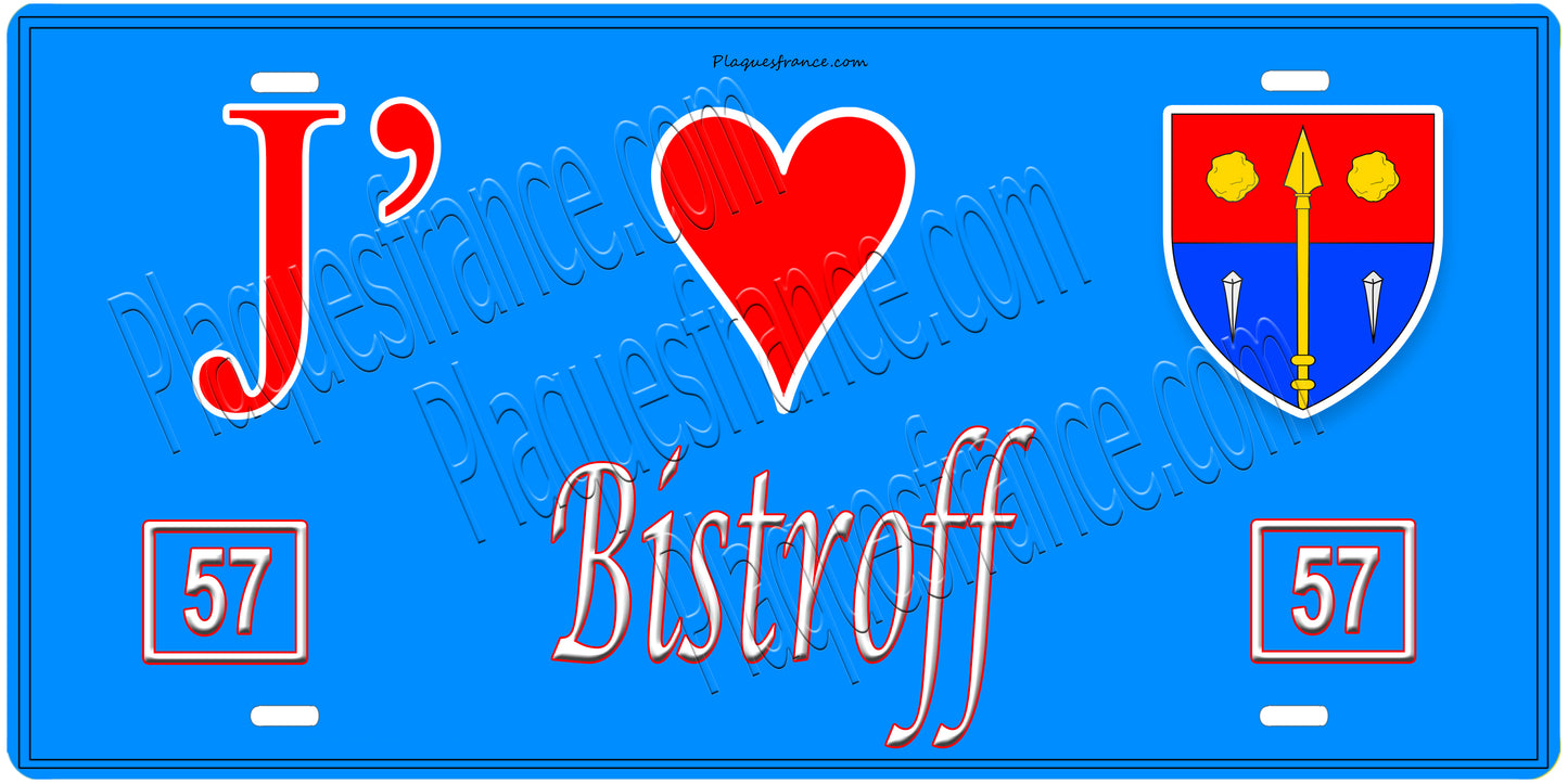 Plaque métal décorative, J'❤️Bistroff, Moselle, fond mur bleu 57