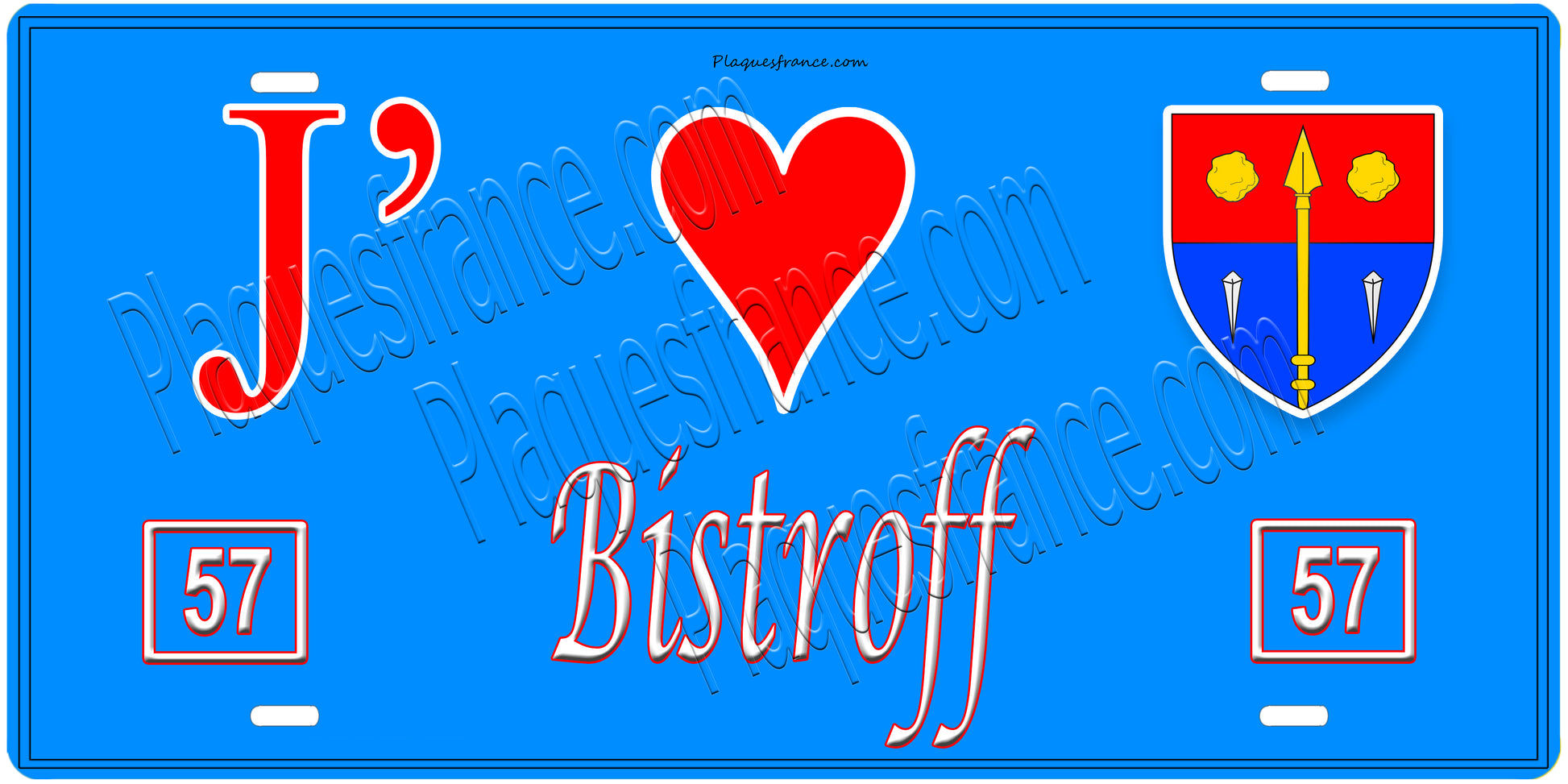 Plaque métal décorative, J'❤️Bistroff, Moselle, fond mur bleu 57