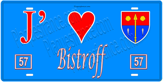 Plaque métal décorative, J'❤️Bistroff, Moselle, fond mur bleu 57