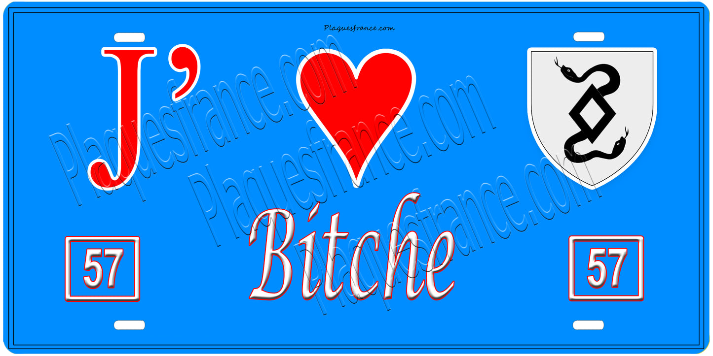 Plaque métal décorative, J' ❤️Bitche, Moselle, fond  mur bleu 57