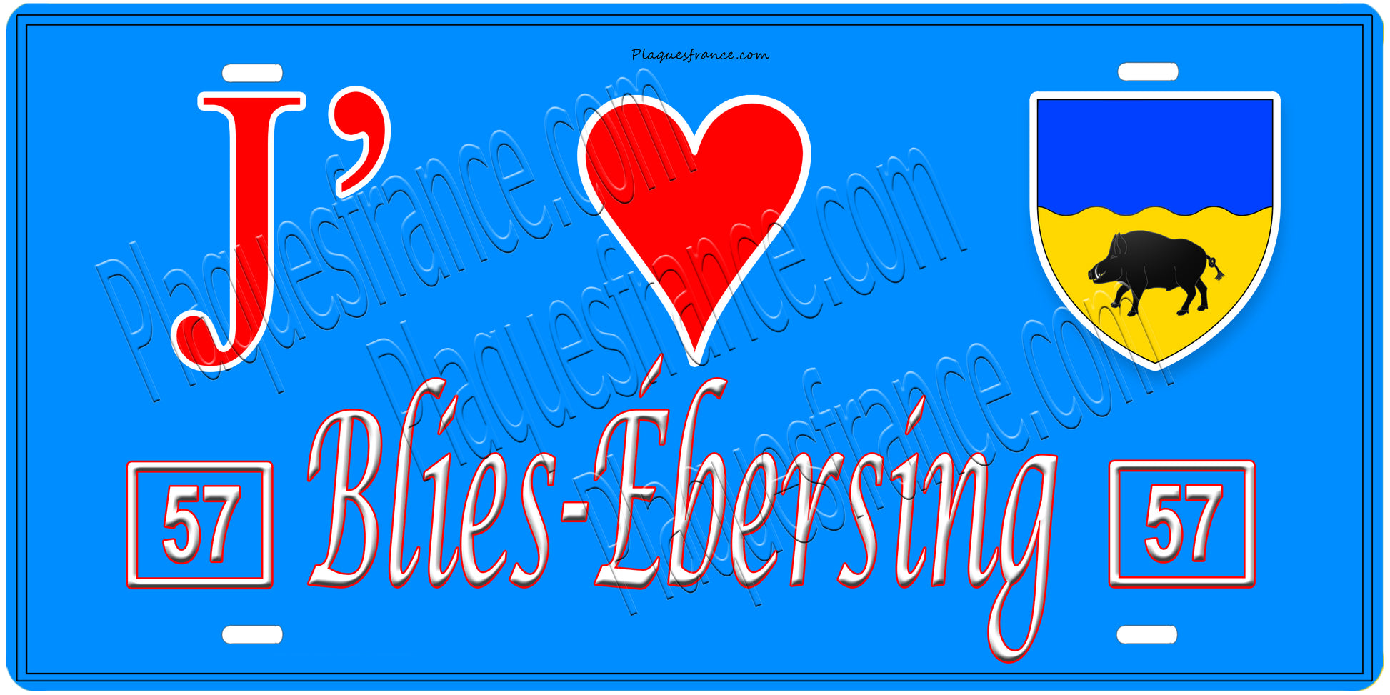 Plaque métal décorative, J'❤️Blies-Ébersing, Moselle, fond mur bleu 57