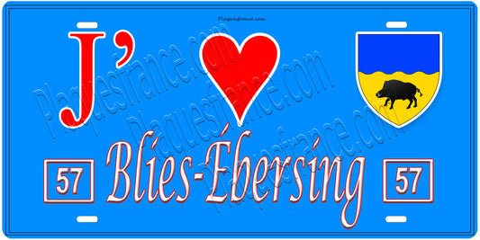 Plaque métal décorative, J'❤️Blies-Ébersing, Moselle, fond mur bleu 57