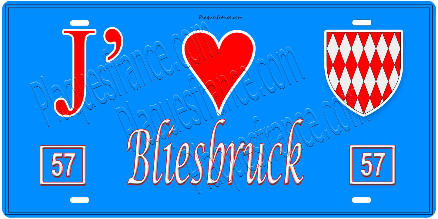Plaque métal décorative, J'❤️Bliesbruck, Moselle, fond mur bleu 57