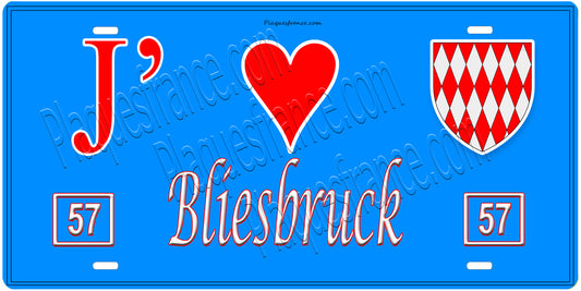 Plaque métal décorative, J'❤️Bliesbruck, Moselle, fond mur bleu 57
