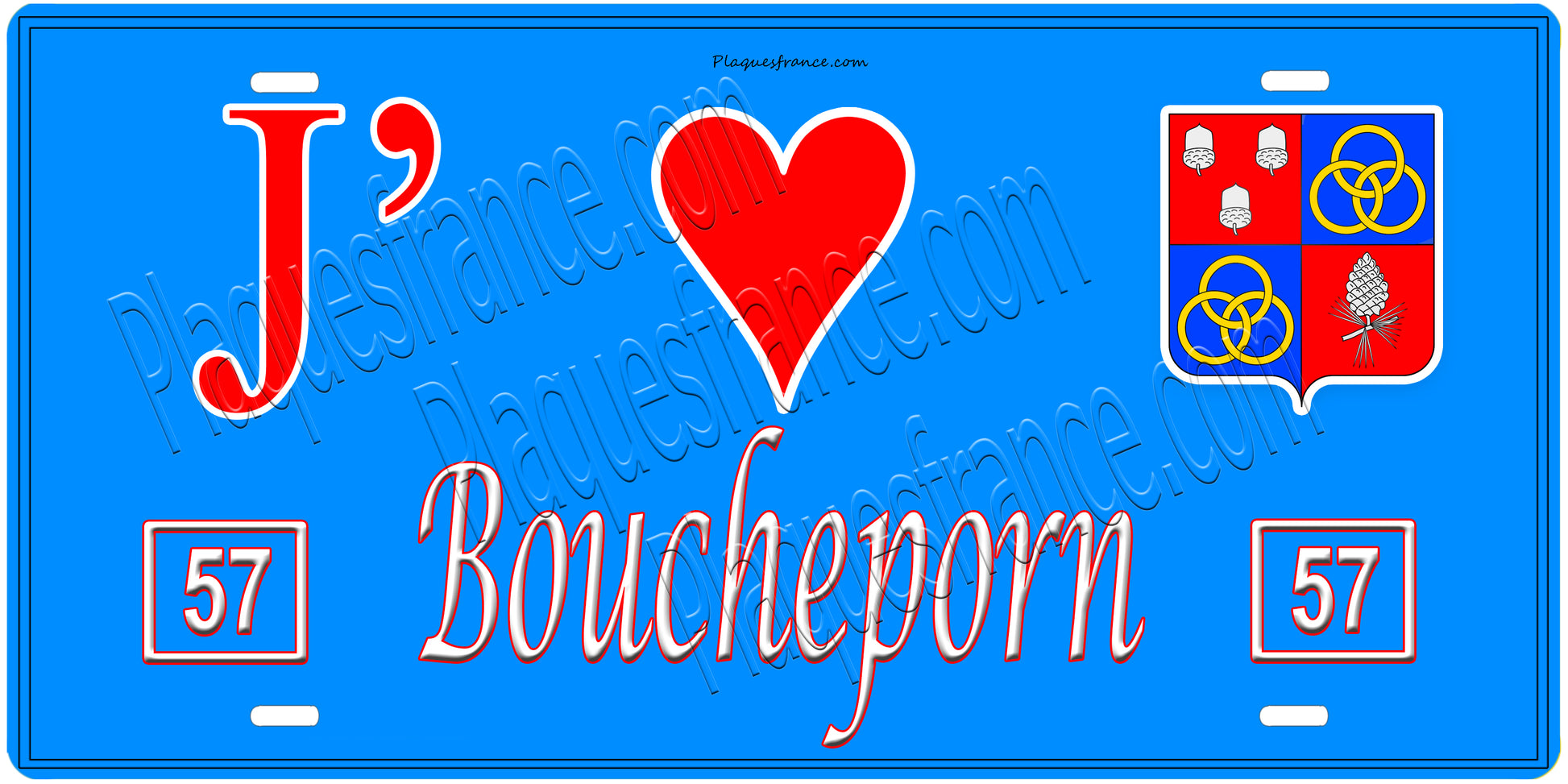 Plaque métal décorative, J'❤️Boucheporn, Moselle, fond mur bleu 57