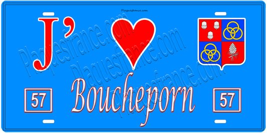 Plaque métal décorative, J'❤️Boucheporn, Moselle, fond mur bleu 57