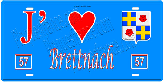 Plaque métal décorative, J'❤️ Brettnach, Moselle, fond mur bleu 57