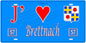 Plaque métal décorative, J'❤️ Brettnach, Moselle, fond mur bleu 57