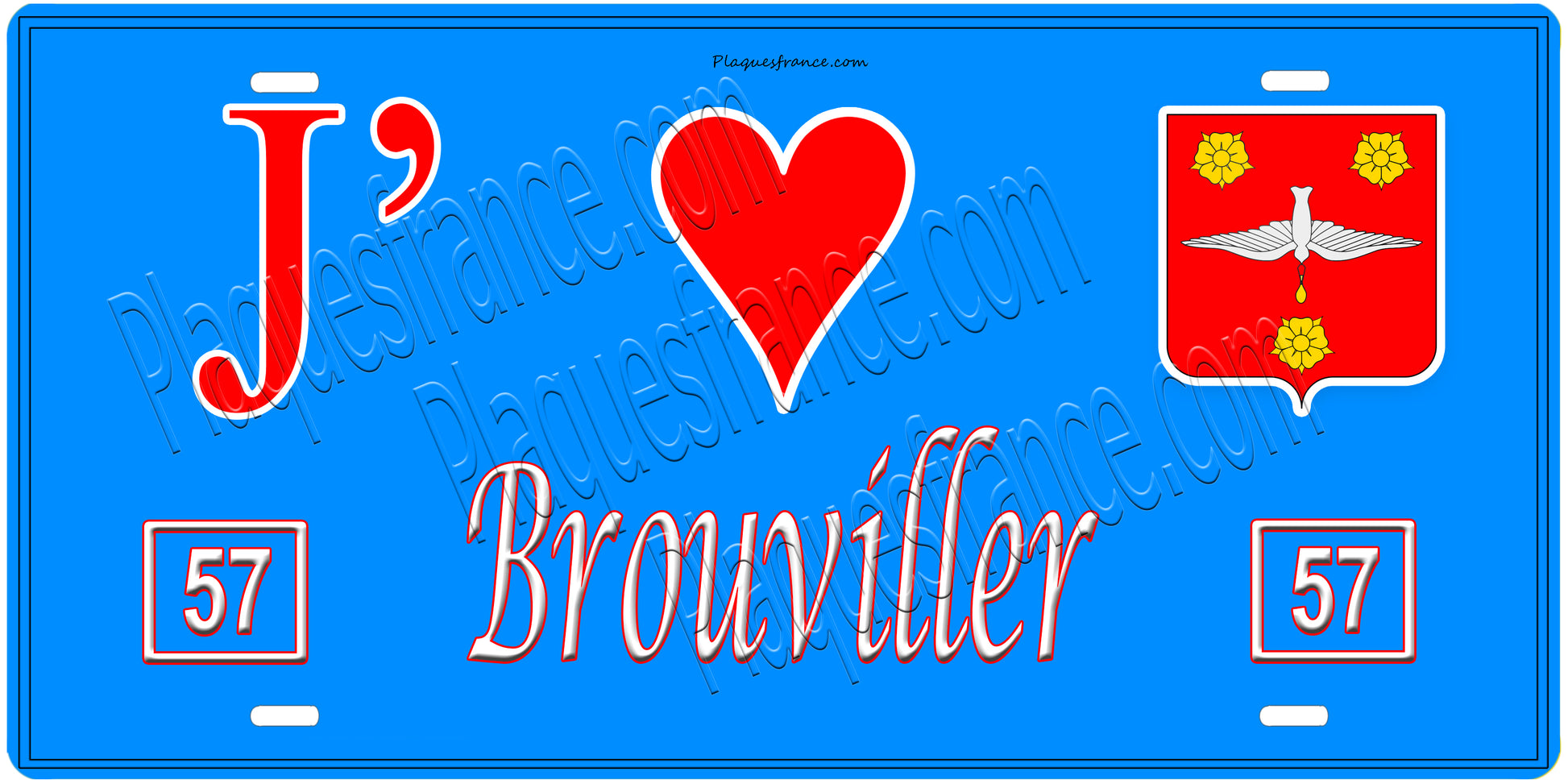 Plaque métal décorative, J'❤️Brouviller, Moselle, fond mur bleu 57