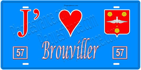 Plaque métal décorative, J'❤️Brouviller, Moselle, fond mur bleu 57