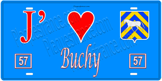Plaque métal décorative, J'❤️Buchy, Moselle, fond mur bleu 57