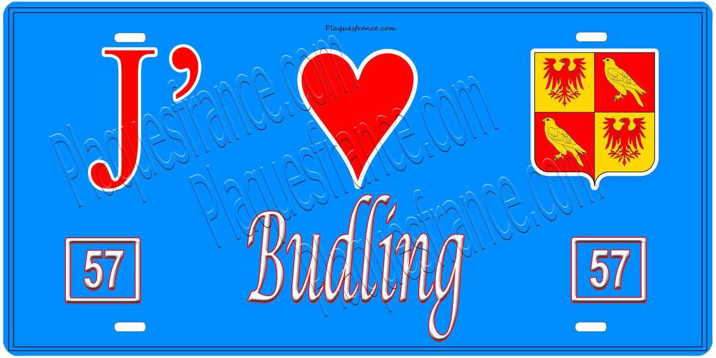 Plaque métal décorative, J'❤️Budling, Moselle, fond mur bleu 57