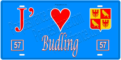 Plaque métal décorative, J'❤️Budling, Moselle, fond mur bleu 57